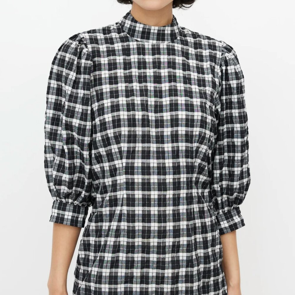Ganni Black & White Metallic Plaid Dress